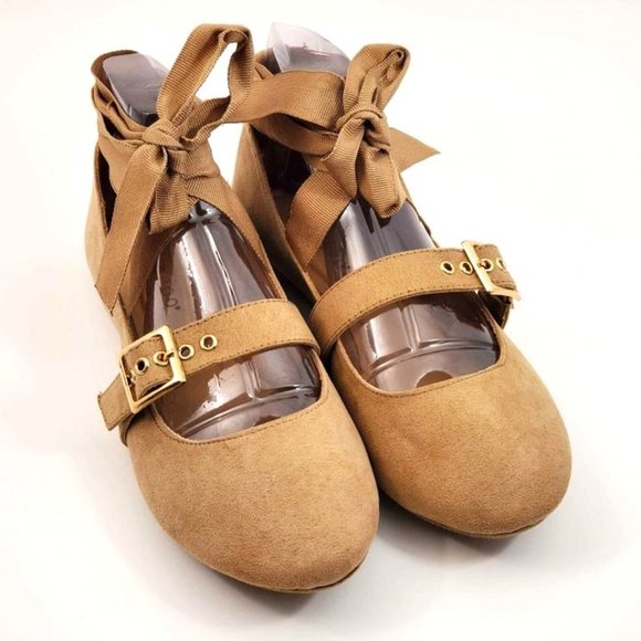 NEW Bamboo Women's Flats Chantel Tan Suede with Ankle Tie Foot Buckle - Picture 7 of 15